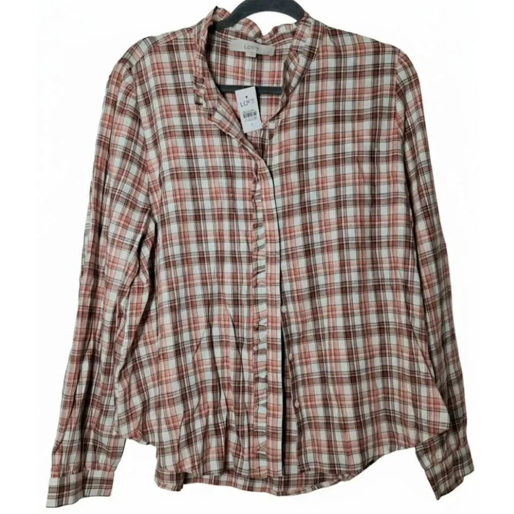 Ann Taylor womens xl tartan plaid shirt western cowboy rust coral peach blouse